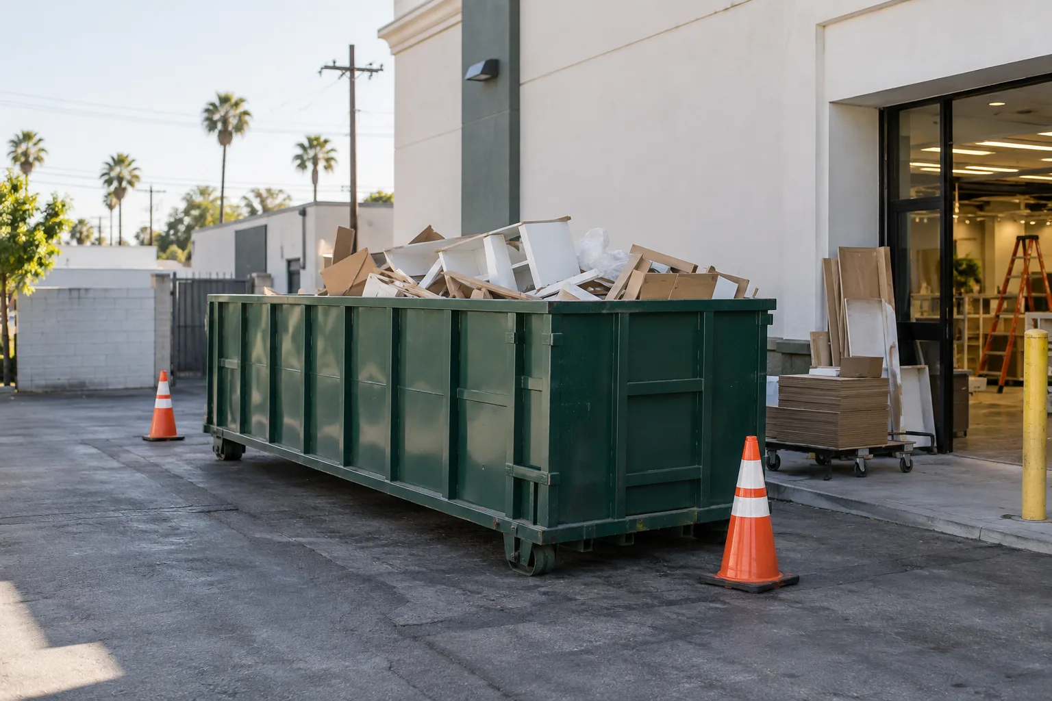 Commercial renovation debris in a roll-off dumpster