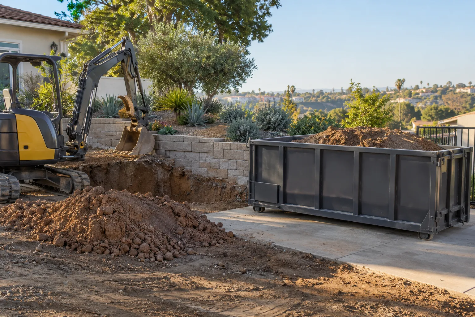 Low-profile dumpster beside a landscape excavation