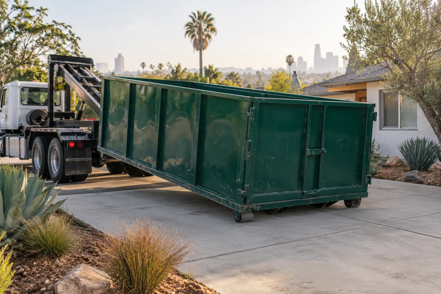 Roll-off dumpster being delivered to a Los Angeles driveway