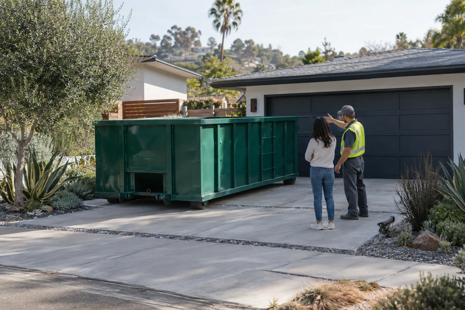 Placement conversation beside a residential dumpster